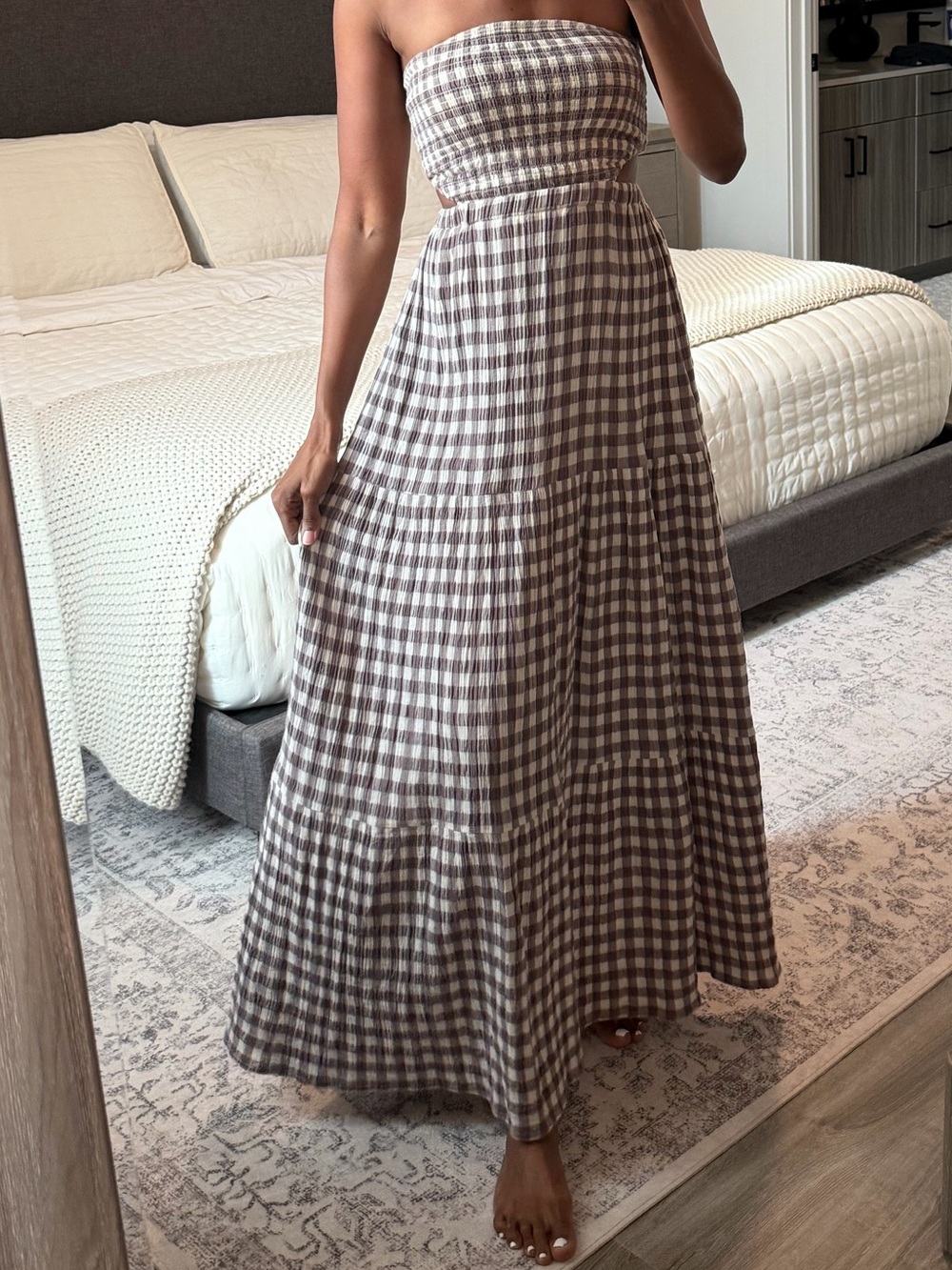 Rip Curl Strapless Gingham Maxi Dress in Brown and White